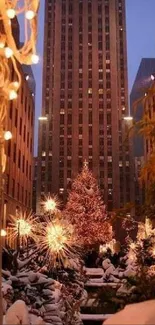 Festive cityscape with Christmas tree and lights in winter snow.