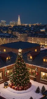 Snowy rooftop cityscape with Christmas tree under a night sky.