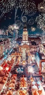 A cityscape with fireworks illuminating a festive night market scene.