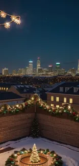 Festive cityscape with holiday lights and snowy rooftops at night.