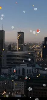 A festive cityscape with snowflakes and stars in a mobile wallpaper.