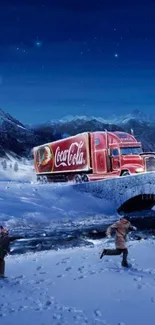 Coca-Cola truck in snowy winter landscape.