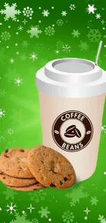 Festive mobile wallpaper with coffee cup, cookies, and green snowflake background.