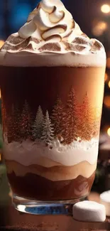 A festive coffee with whipped cream and tree design, perfect for holidays.