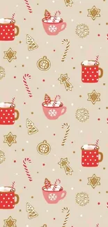 Festive wallpaper with mugs, candy canes, and gingerbread on beige background.