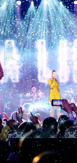 Concert scene with snowflake effect and vibrant lights.