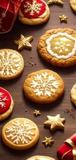 Festive cookies with snowflake icing on a holiday-themed phone wallpaper.