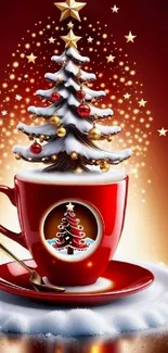 Festive cup with Christmas tree design.