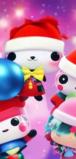 Cute characters in Santa hats on a pink festive background.