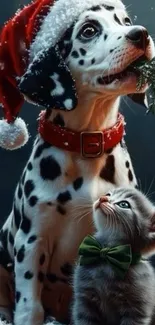 Dalmatian with Santa hat and kitten in bow, festive Christmas scene.