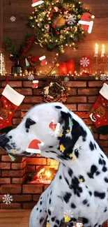 Dalmatian sitting by a festive Christmas fireplace with stockings and wreath.