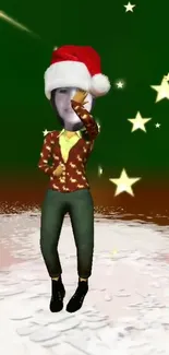 Dancing elf with Santa hat on a starry green backdrop.