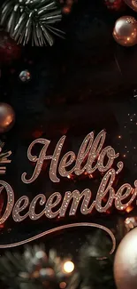 Festive December-themed wallpaper with ornaments.