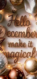 Festive December wallpaper with ornaments and lights.