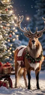 Festive deer beside Christmas tree in snow.