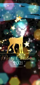 Golden deer with stars Christmas wallpaper design.