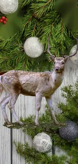 Deer among festive pine and ornaments in a Christmas-themed mobile wallpaper.