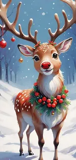 Festive deer in a snowy winter forest adorned with ornaments.