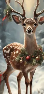 Festive deer in a snowy forest scene with holiday decorations.