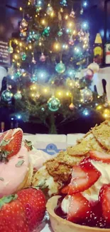 Festive desserts with Christmas tree lights in background.