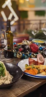 Festive dining table with gourmet dishes.