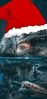 Dinosaur with Santa hat in an ocean scene.