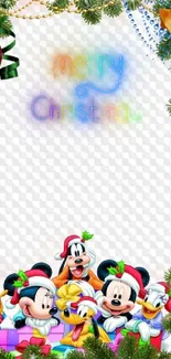 Disney characters in Christmas hats with a festive border.