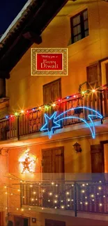 Diwali night with glowing festive lights and decorations.