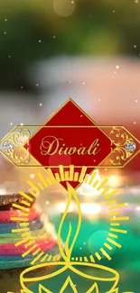 Diwali wallpaper with diyas and vibrant colors representing the Festival of Lights.