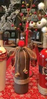 Festively decorated bottles in holiday theme with red and white accents.