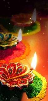 Colorful Diya lamps glowing warmly, perfect for festive backgrounds.