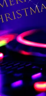 Vibrant DJ setup with neon Christmas lights.