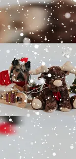 Dog in Santa hat beside a reindeer plush under falling snow.