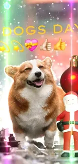 Corgi with Santa and festive emojis on a colorful background.