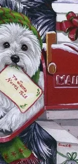 Festive dog holding a letter in a Christmas mailbox.