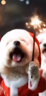 Dogs wearing Santa costumes holding sparklers.