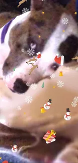 Festive Christmas dog wallpaper with snowflakes and holiday decor.