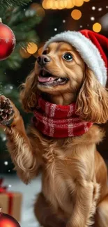 Cute dog wearing Santa hat and scarf by a decorated Christmas tree.