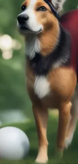 Dog in antlers standing on green grass with forest background.