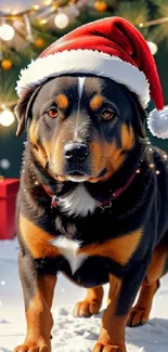 Dog wearing a Santa hat amid Christmas gifts and lights.