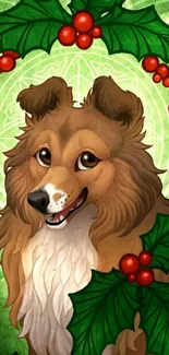 Cartoon dog with holly leaves and berries.