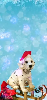 Festive wallpaper with a puppy on a sled and snowman on a blue background.