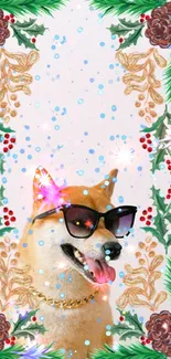 Dog wearing sunglasses with festive decorations.