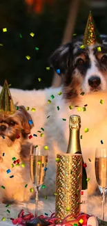 Two dogs in party hats enjoy a festive celebration scene.