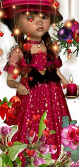 Festive doll with holiday decorations and flowers in vibrant colors.