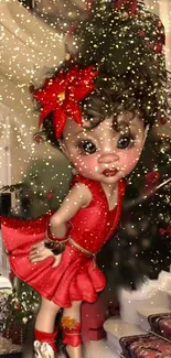 Festive doll in red dress with sparkles on stairs, Christmas theme.