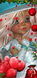 Festive doll with red hearts and Christmas ornaments background.