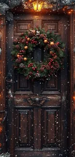 Christmas door with festive wreath and lights.