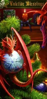 Festive dragon-themed holiday wallpaper with Christmas decorations and fireplace charm.