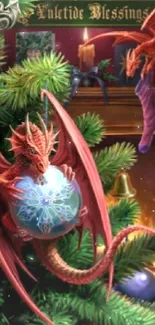 Red dragon perched on Christmas tree amidst festive decor.